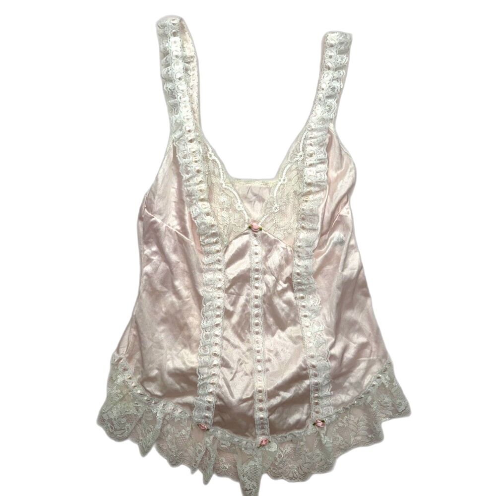 Y2K Pink Satin White Lace Rose Babydoll Lingerie Chemise Size L
